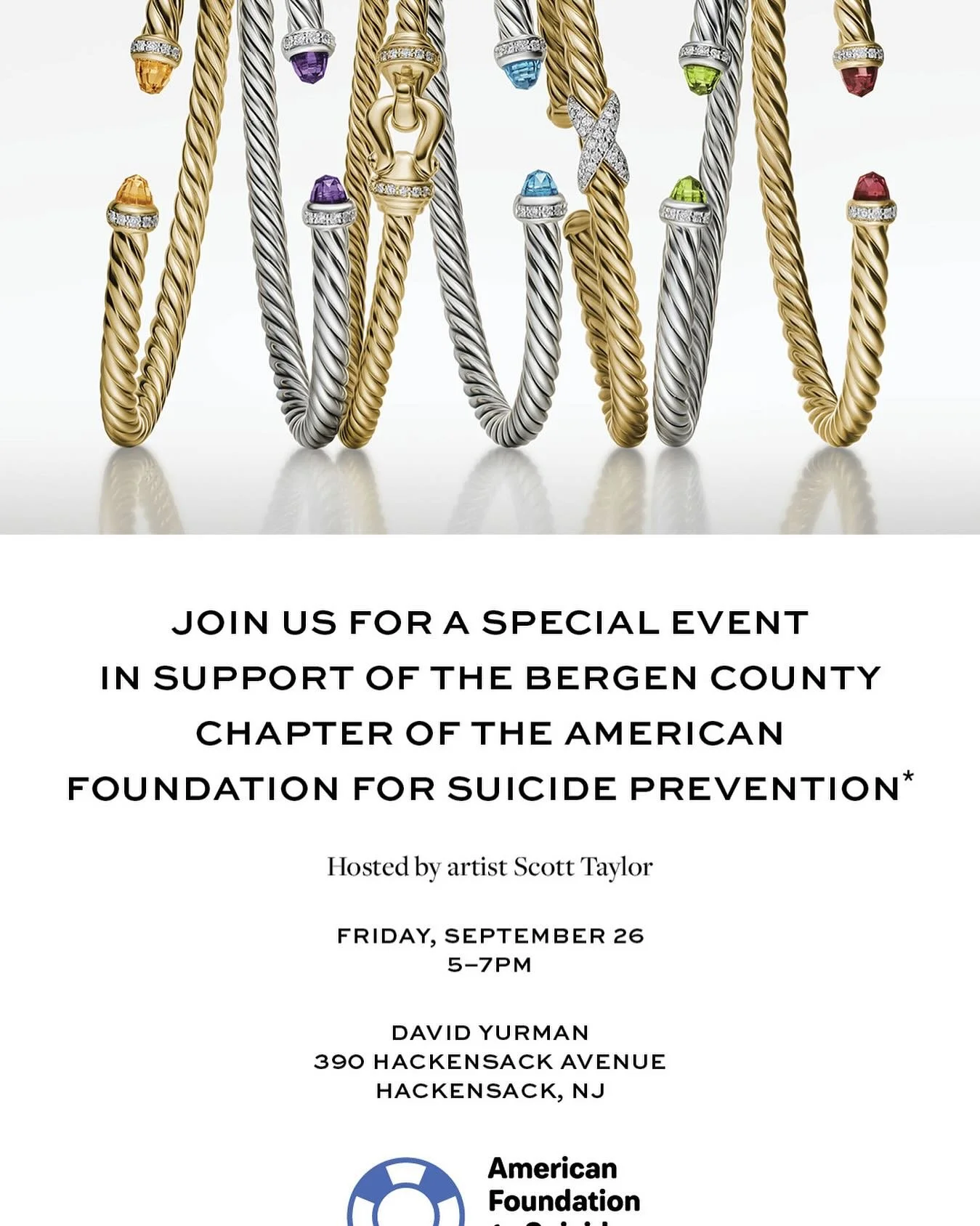 I am partnering with David Yurman located at The Shops at Riverside in hosting a special event in support of the American Foundation for Suicide Prevention. &nbsp;
I am also honored to have my paintings exclusively featured during the affair! &nbsp;&
