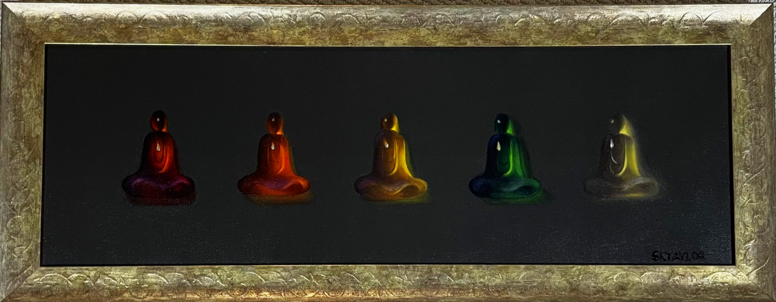 Gummy Buddhas in Dark | oil on canvas | 33 x 13 (framed) | $500