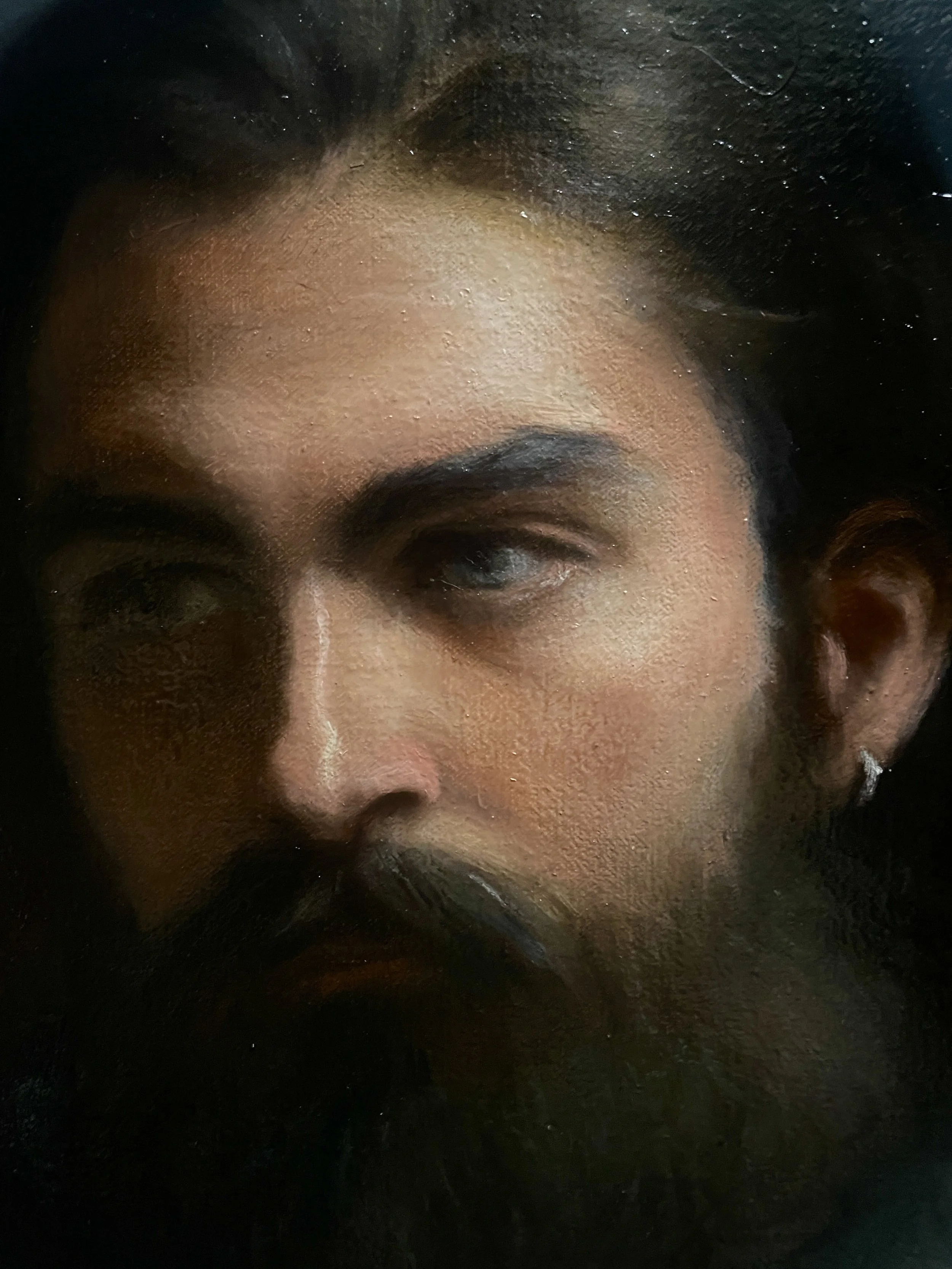 Francesco in hand-stitched linen shirt [detail], oil on linen, 2026