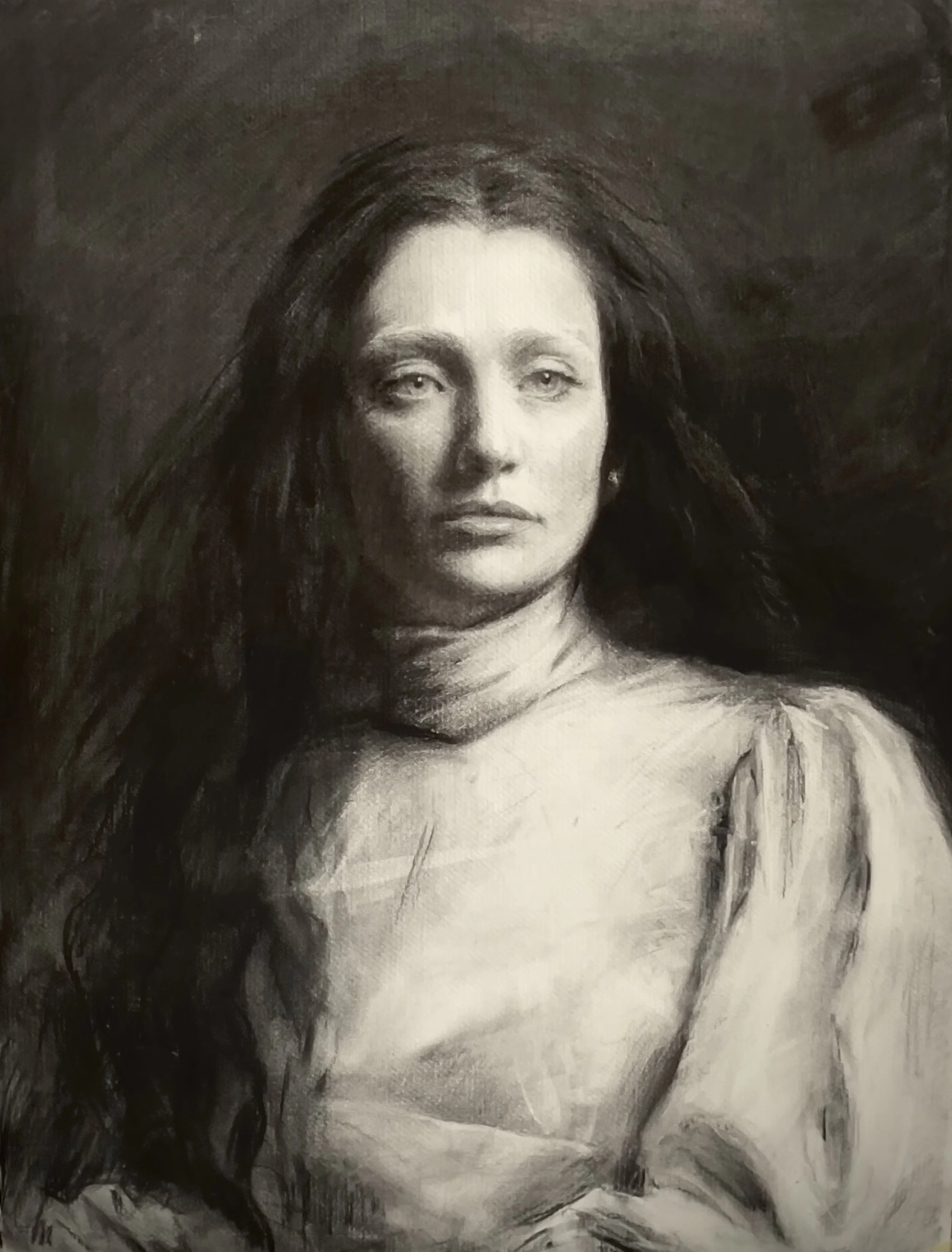 Laura in White, charcoal on paper, 2026