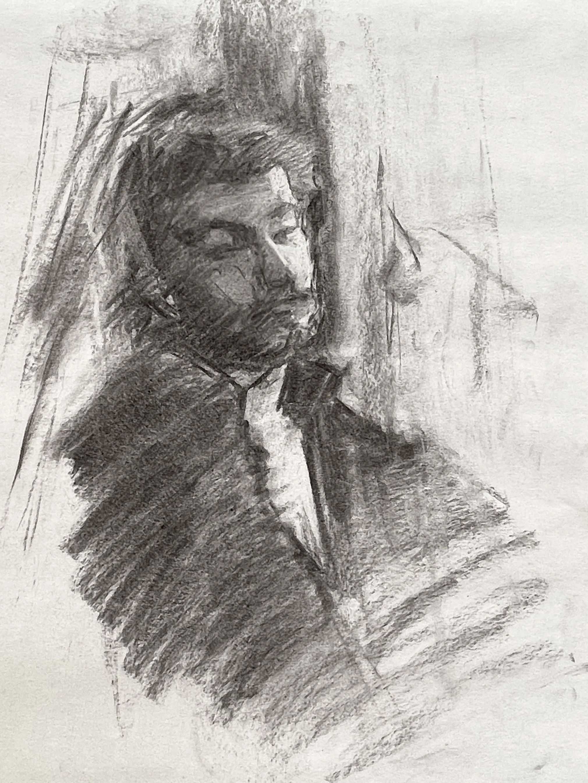 Sketch of Alex [15min pose], charcoal on paper, 2025