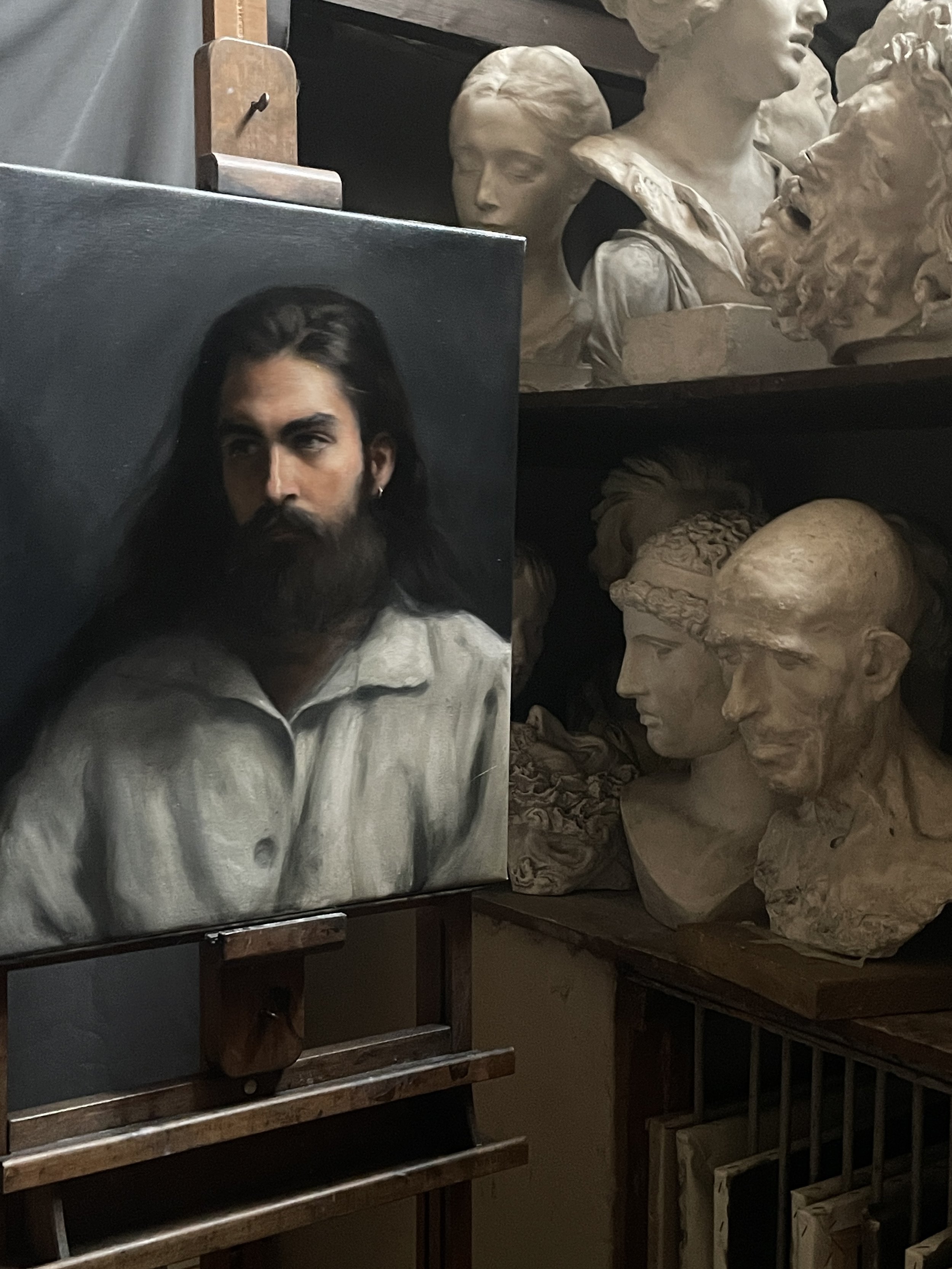 Francesco in hand-stitched linen shirt [studio view], oil on linen, 2026