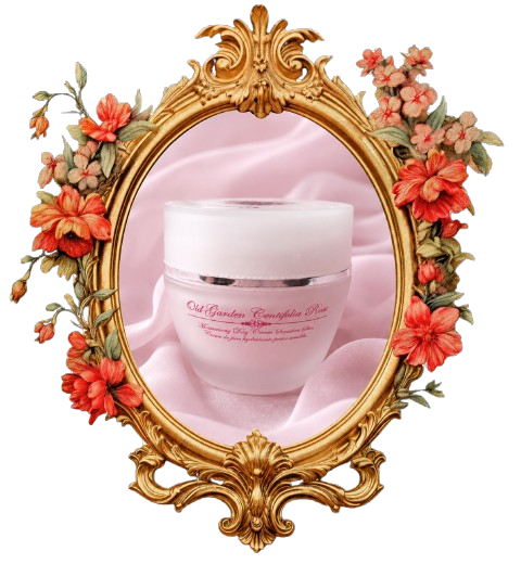 A white cosmetic jar labeled "Old Garden Camellia Rose," enclosed in an ornate gold picture frame adorned with red and pink flowers, against a pink satin background.