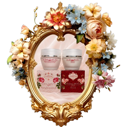 A decorative gold oval mirror with floral arrangement around the frame, reflecting two jars and two boxes of skincare or beauty products.