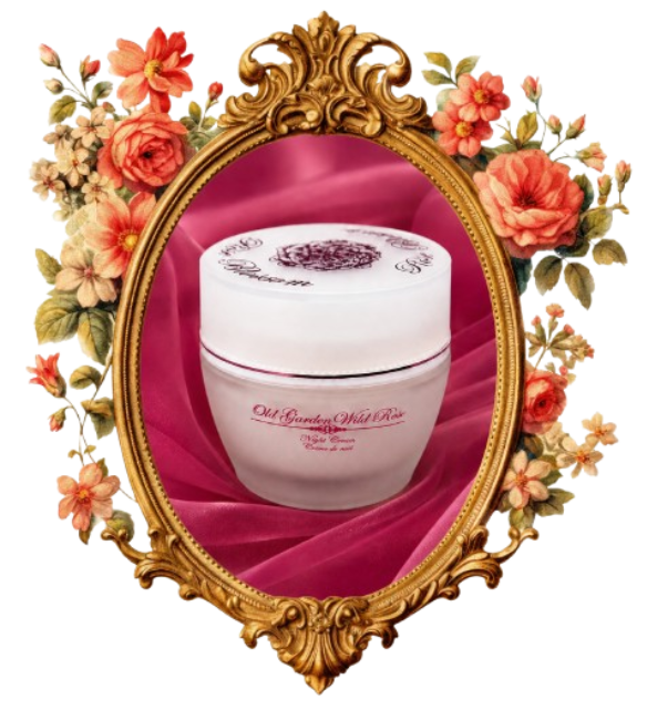 A vintage-style oval gold picture frame decorated with pink and peach flowers surrounds a photo of a white ceramic container with pink cursive writing on a pink satin fabric background.