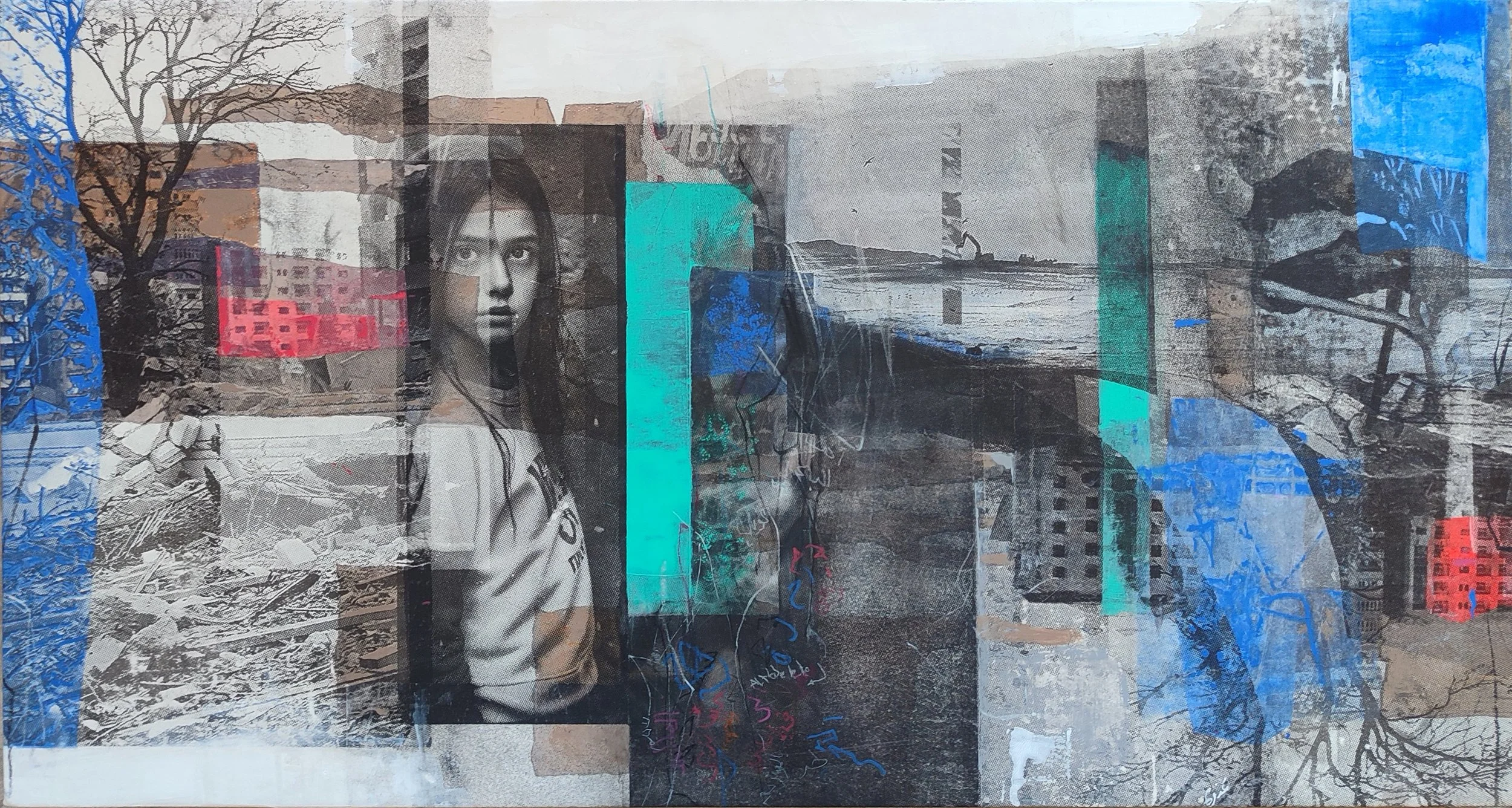 Collage and Mixed media on canvas (rice paper, bamboo paper, acrylic paint, acrylic mediums, print making (gelatine printing).