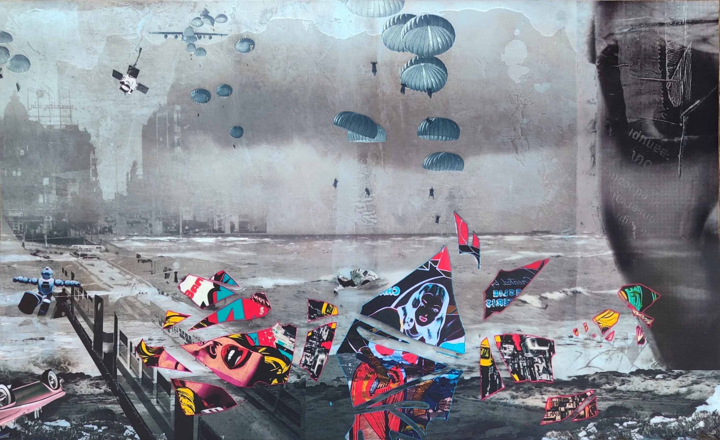 "oops i did it again, waqafa alkhalqo", 60x37cm, Mixed media on canvas.