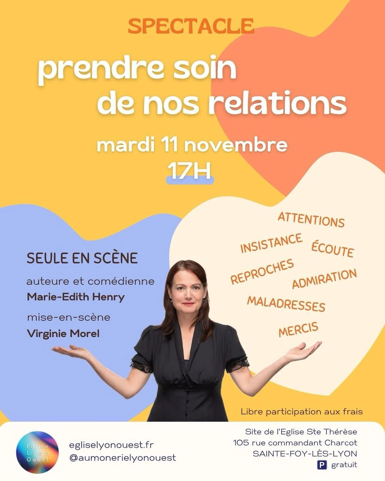 Spectacle &laquo;&nbsp;Prendre soin de nos relations&nbsp;&raquo;
11 novembre 2025 - 17H

Site de l&rsquo;&eacute;glise Ste Th&eacute;r&egrave;se de la Plaine
105 rue commandant Charcot,
69110 Ste-foy-l&egrave;s-Lyon

Libre participation aux frais

S