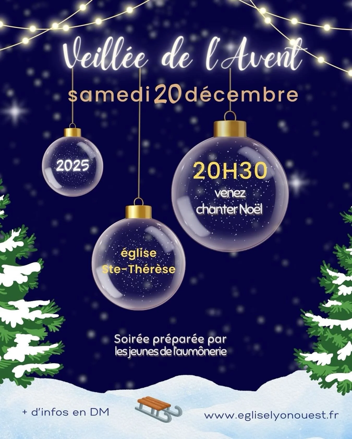 ✨ Veill&eacute;e de l&rsquo;Avent ✨
📅 Samedi 20 d&eacute;cembre 2025
🕣 20h30
📍 &Eacute;glise Sainte-Th&eacute;r&egrave;se

Un temps pour se poser, louer 🎶, prier et se pr&eacute;parer ensemble &agrave; la joie de No&euml;l 🌟
Une soir&eacute;e ch