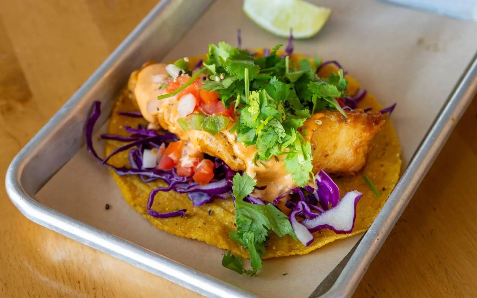  Beer-Battered Mahi Mahi, Red Cabbage, Pico de Gallo, Chipotle Mayonnaise, Nori, Cilantro, Yellow Cónico Corn Tortilla 