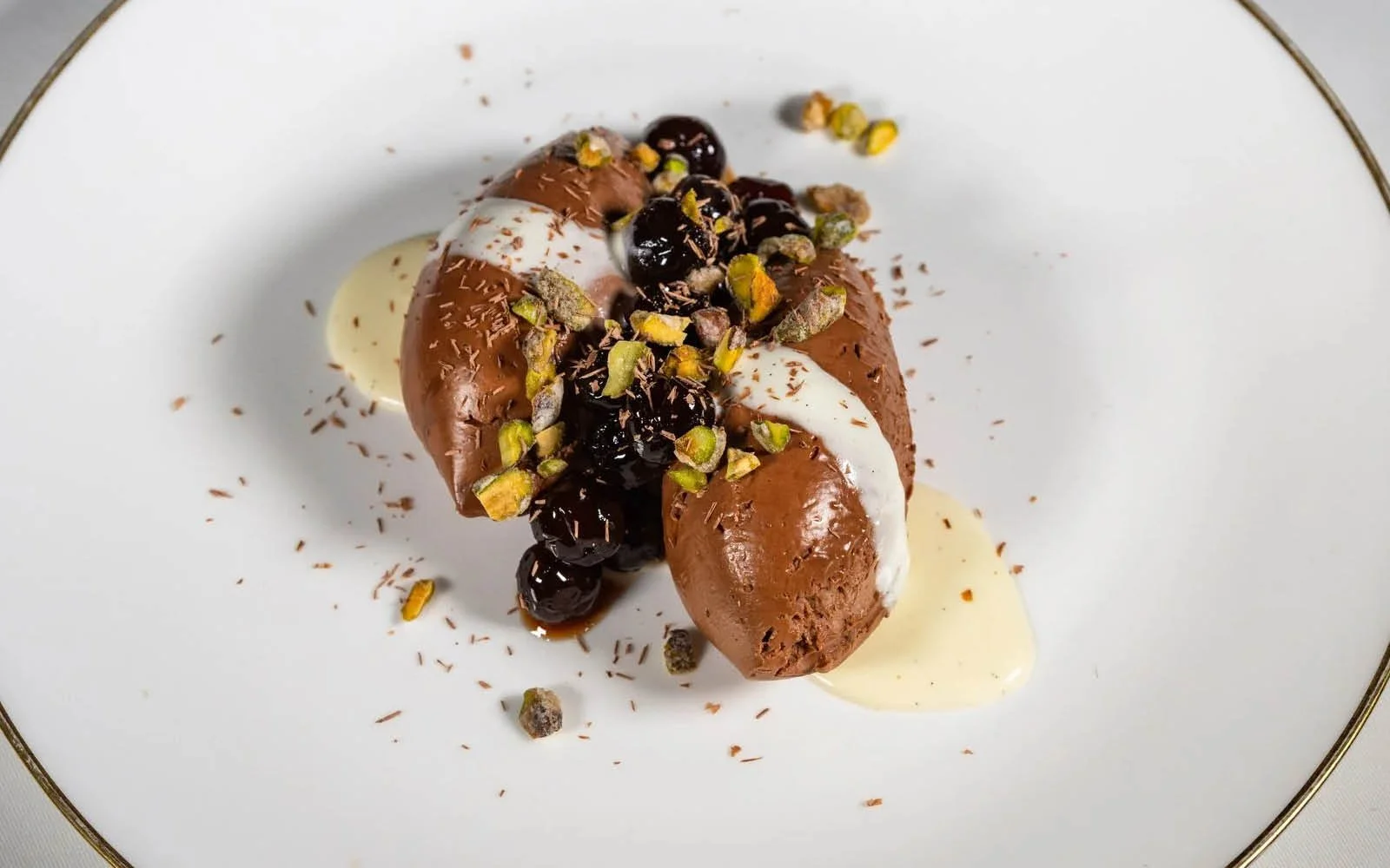  Chocolate Mousse, Diplomat Cream, Brandy-Soaked Cherries, Candied Pistachio 