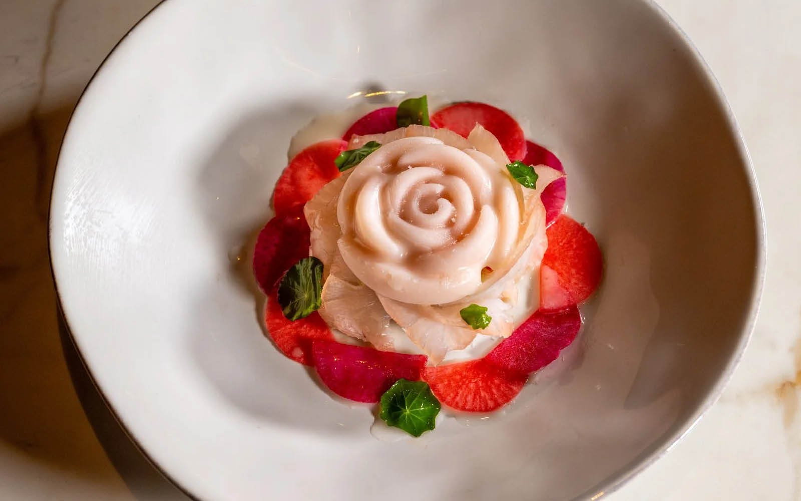  Dry-Aged Cobia, Frozen Leche de Tigre, Japanese Sweet Potato, Fennel, Fresno Chiles, Red Onions, Celery, Watermelon Radish, Corn Nuts 