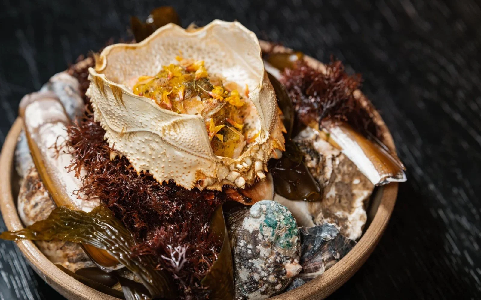  Kagani Hairy Crab Salad, Crab Fat-Barley Koji Brown Butter Emulsion, Hazelnut Oil, Pickled Ramps, Limequat, Egg Yolk Fudge, Sea Lettuce Powder, Kelp Salt, Oxalis Flowers 