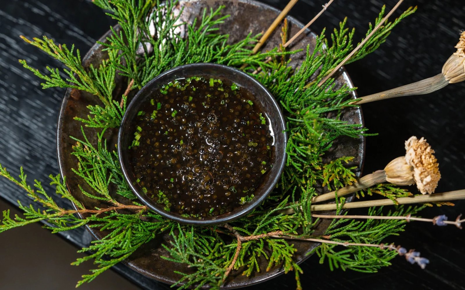  Fermented Banana Chawanmushi, Sunchoke-Dashi Glaze, Schrenckii Caviar, Chives 