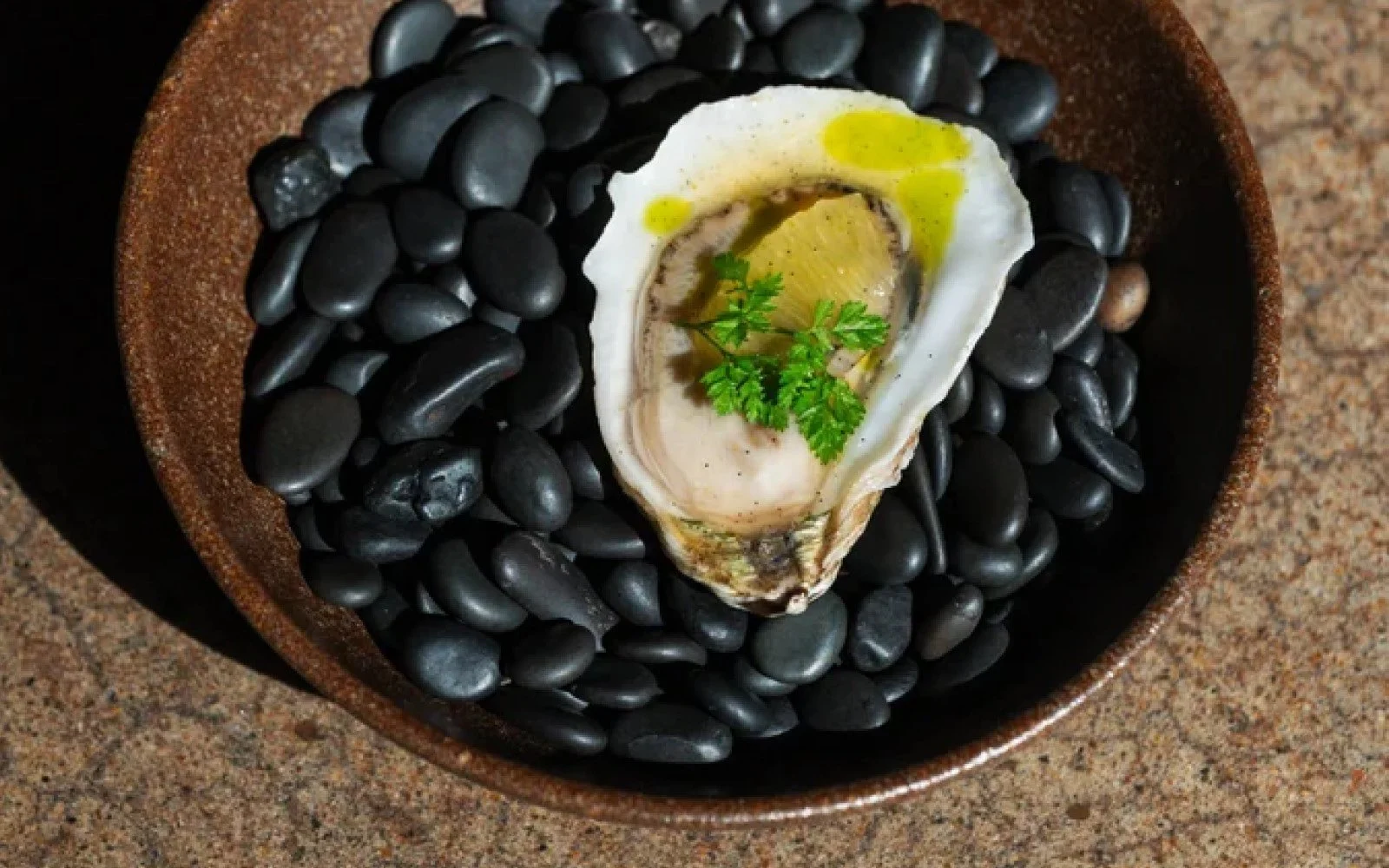  Murder Point Oysters, Vanilla, Meyer Lemon, Chervil Oil, Chervil 