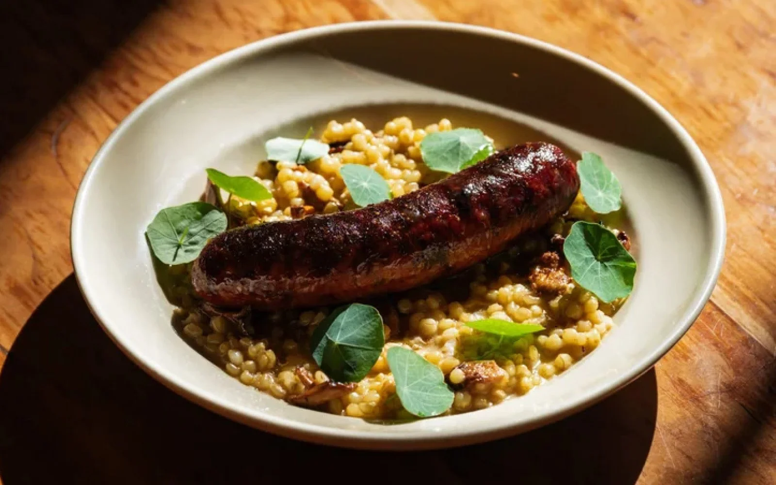  Tuna-Pork Morcilla Sausage, Sonora Berries, Chanterelle Mushrooms, Pork Jus, Lemon, Nasturtium 