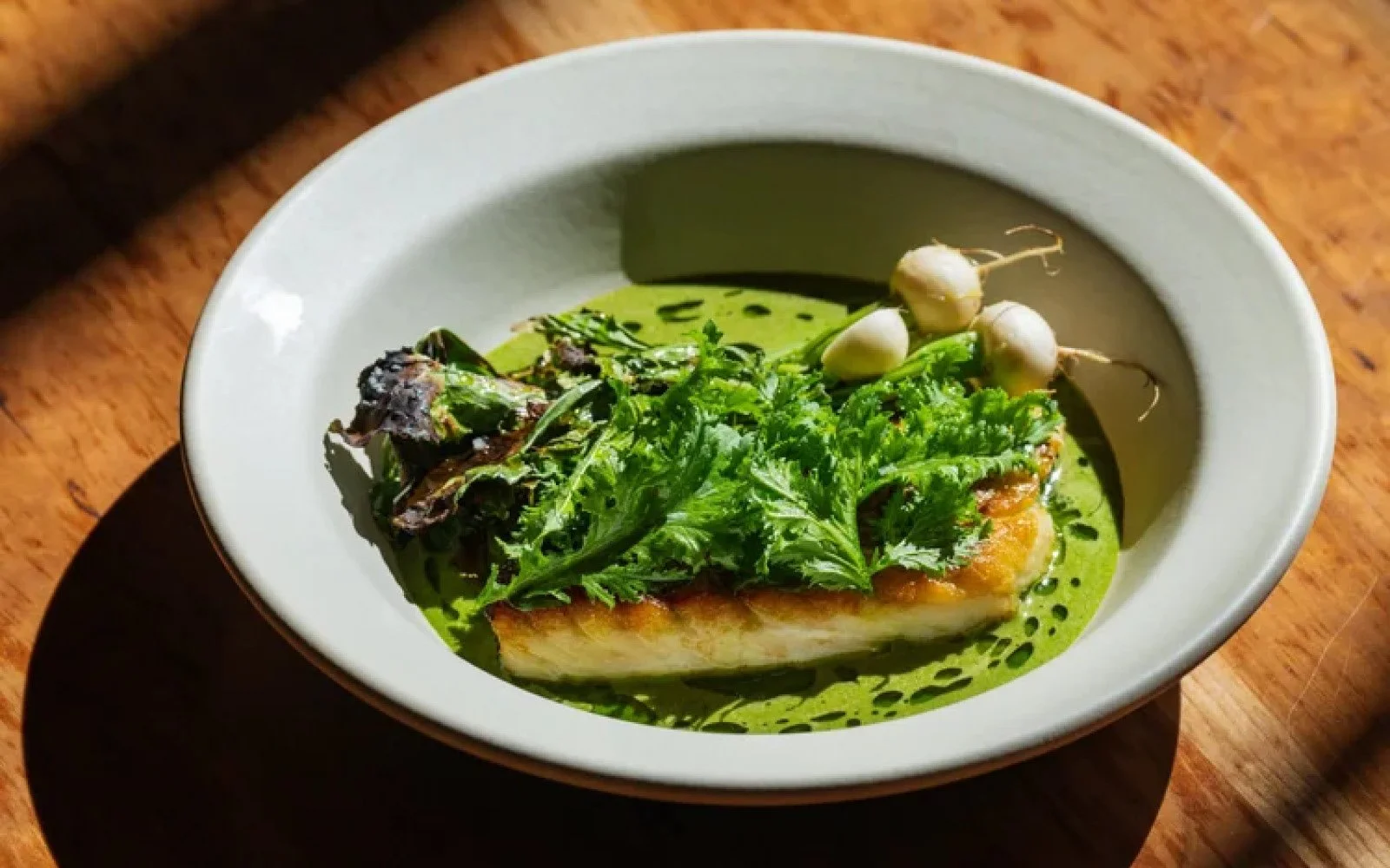  Snapper, Green Garlic-Serrano Pepper Pil Pil, Harukei Turnips, Pizzo Mustard Greens, Chive Oil, Green Sichuan Peppercorn Oil 