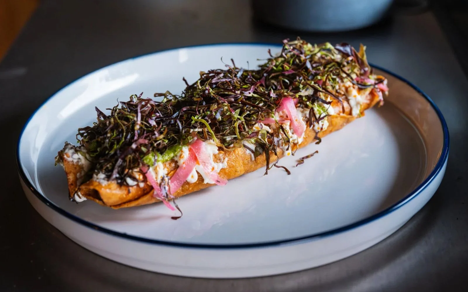  Fermented Potato-Chorizo Flautas, Sesame Seed Crema, Salsa Verde, Lettuce, Salsa Matcha 