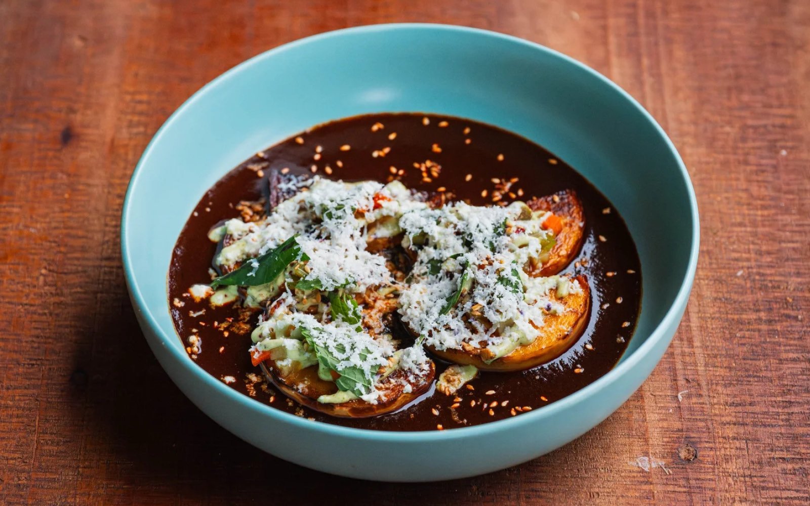  Butternut Squash, Mole Negro, Requesón, Crema, Furikake, Mint 