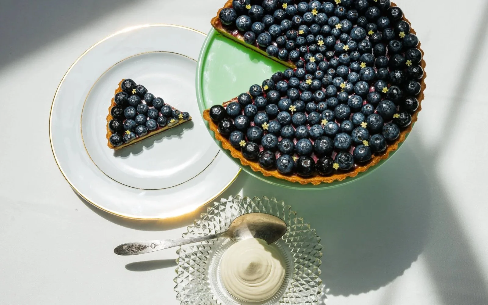  Chamomile Custard Tarte, Blueberry Jam, Blueberries, Honey Glaze, Salted Honey Whipped Cream 
