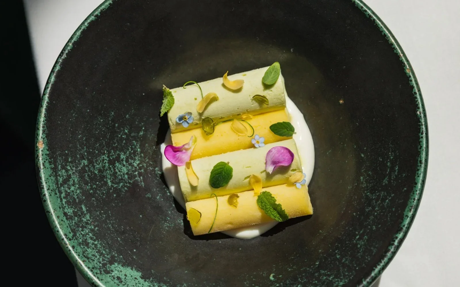  Snap Pea-Mint Ice Cream, Lavender-Lemon Curd, Yogurt Mousse, Preserved Meyer Lemons, Sugar Snap Pea Gelée, Candied Pea Shells, Mint 