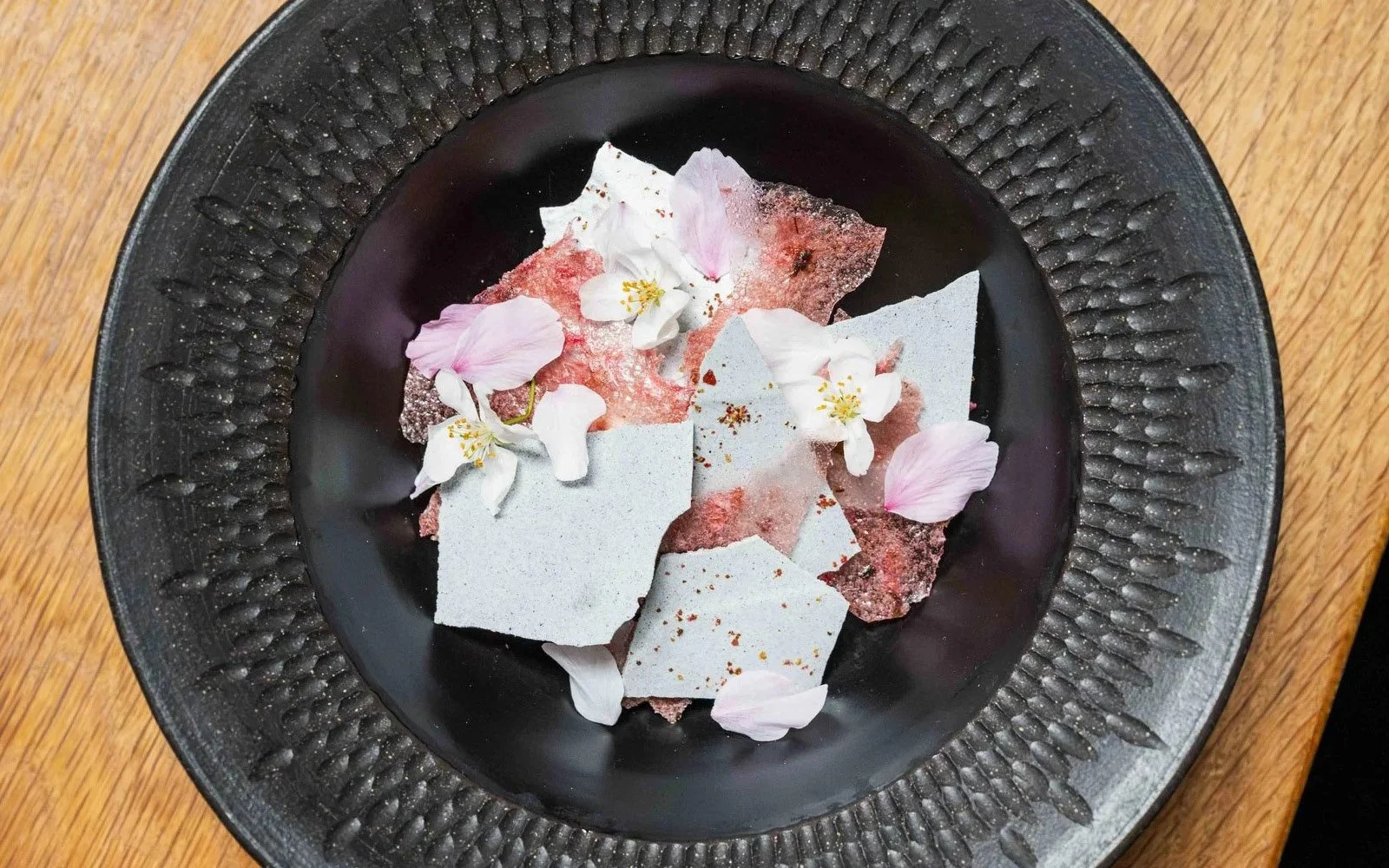  Rhubarb, Activated Charcoal Meringue Tuile, Sakura Crisps, Sakura Blossoms 