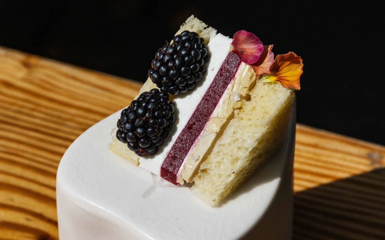  Fruit Sando: Miso-Sake-Cured Duck Liver Mousse, Raspberry Consommé Gelée, Crème Fraîche, Blackberries, Shokupan 