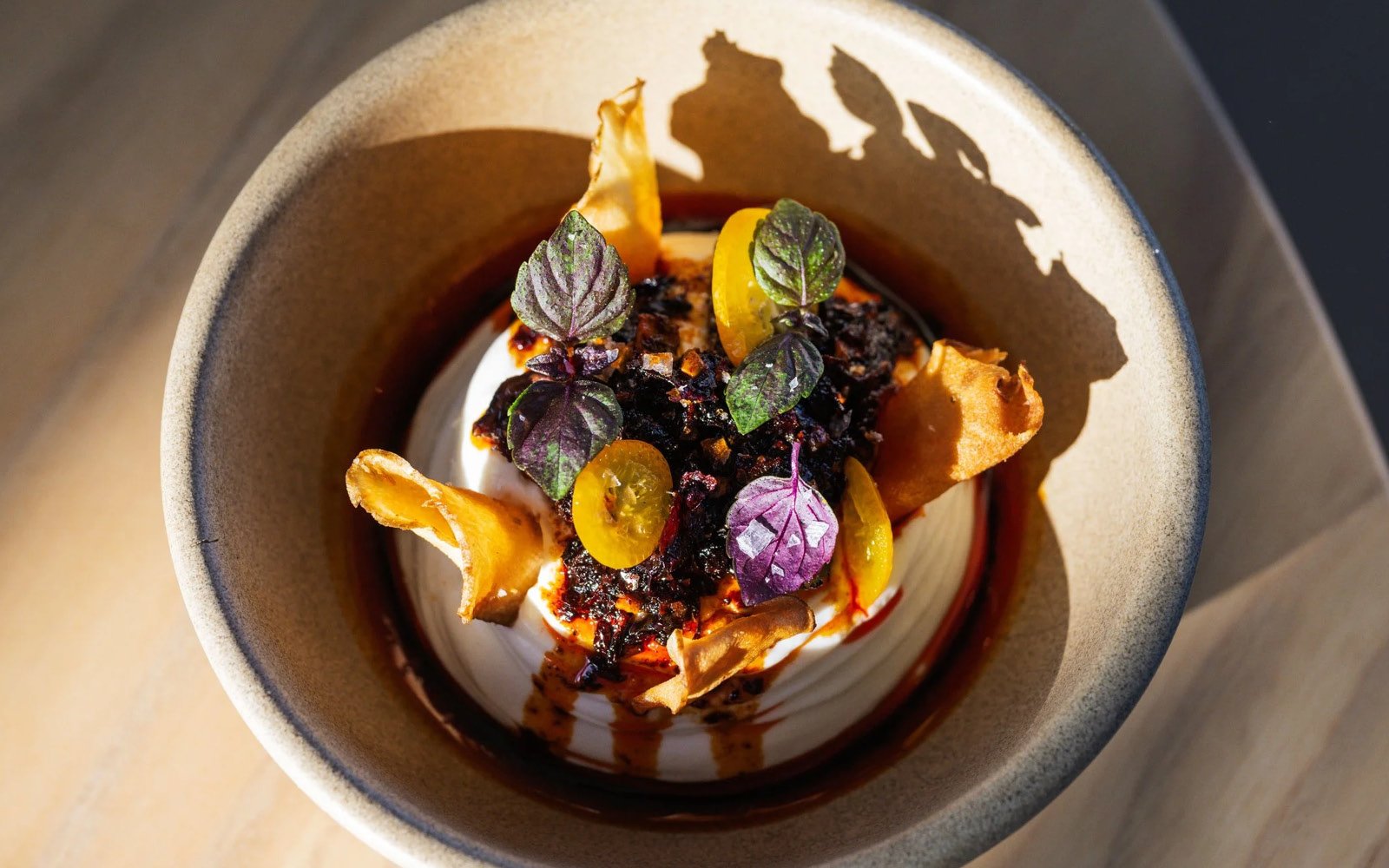  Water Buffalo Milk Ricotta, Verjus-Soaked Figs, Candied Kumquat, Fried Sunchokes, Salsa Macha, Dried Currants, Dried Cranberries, Shiso, Fried Scallion Bread 