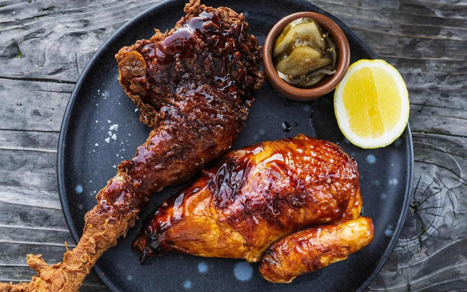  Wood-Fired Hot Honey Chicken:Roasted Chicken Breast, Fried Chicken Leg, Spicy Chicken Jus, Bread-Butter Pickles, Lemon 