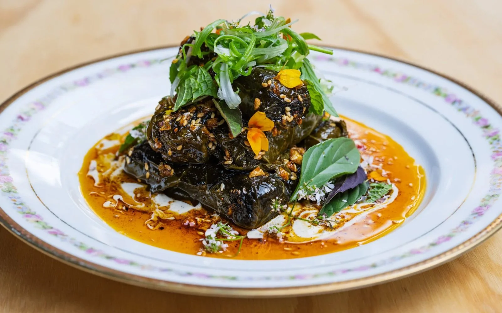  Dolmades, Garlic-Ginger Sofrito, Kombu Stock, Tahini Sauce, Sesame, Scallions, Mint 
