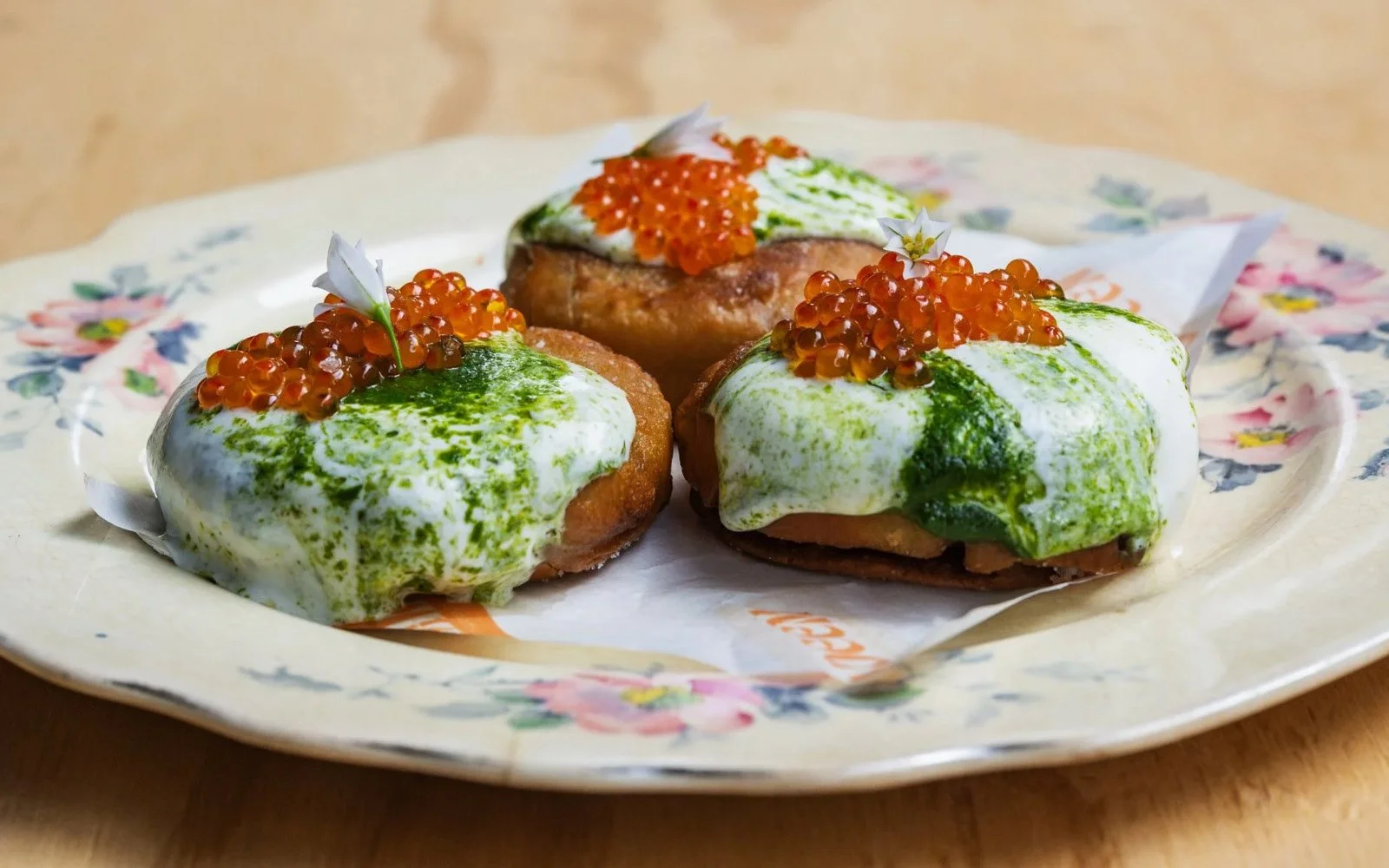  Scallion Pancake Knish, Potato-Sauerkraut Filling, Tomatillo Zhoug, Labneh, Smoked Trout Roe, Leek Flower 