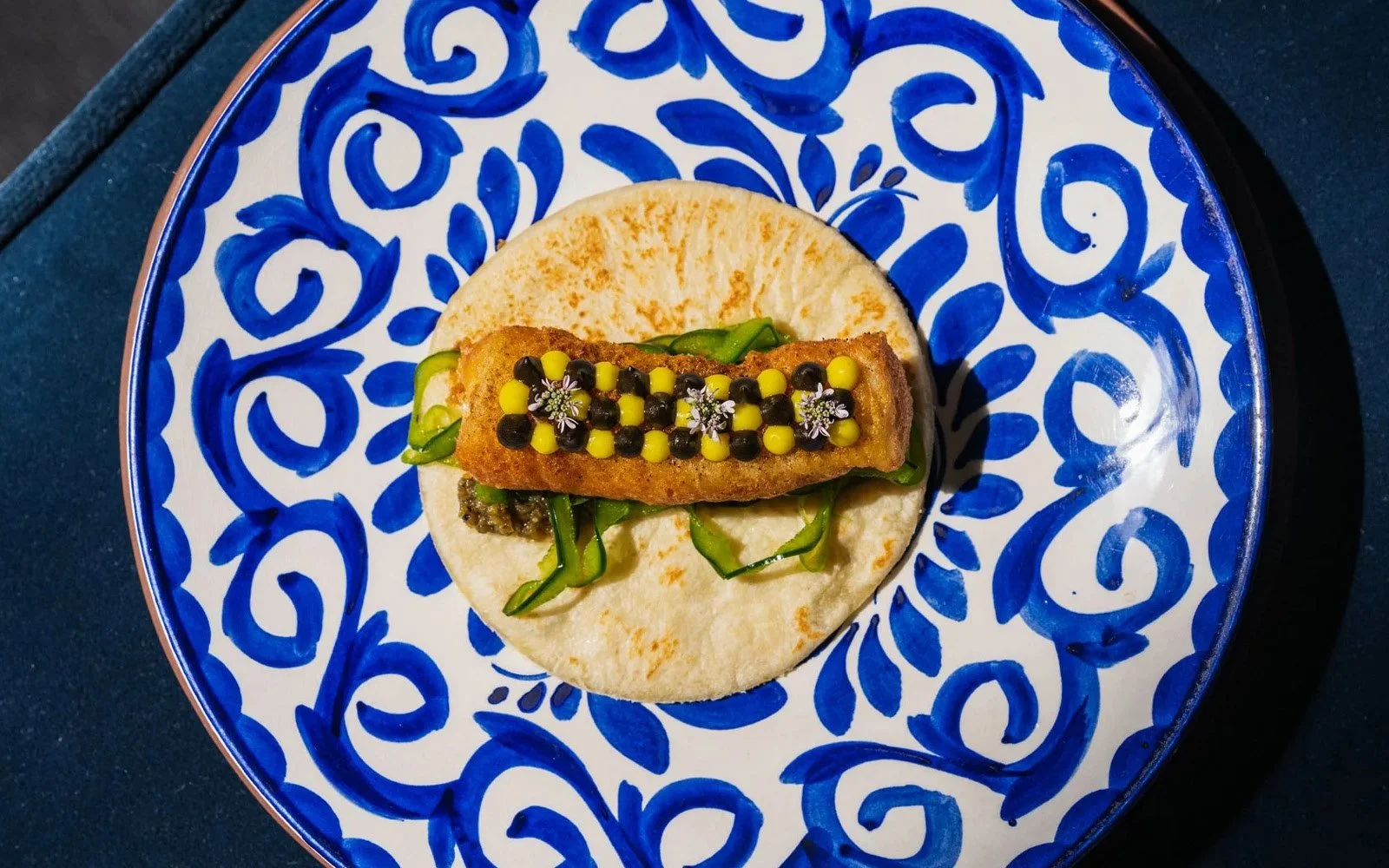  Fried Black Cod Taco, Huitlacoche-Corn Crema, Poblano Salsa, Sourdough Tortilla 