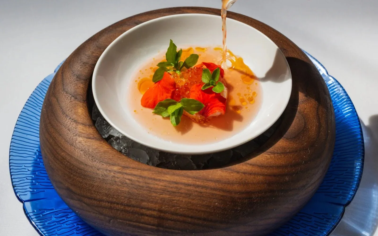  Spiny Lobster, Cara Cara Orange-Chile Costeño Aguachile Rojo, Trout Roe, Chile Oil, Nasturtium, Marigold 