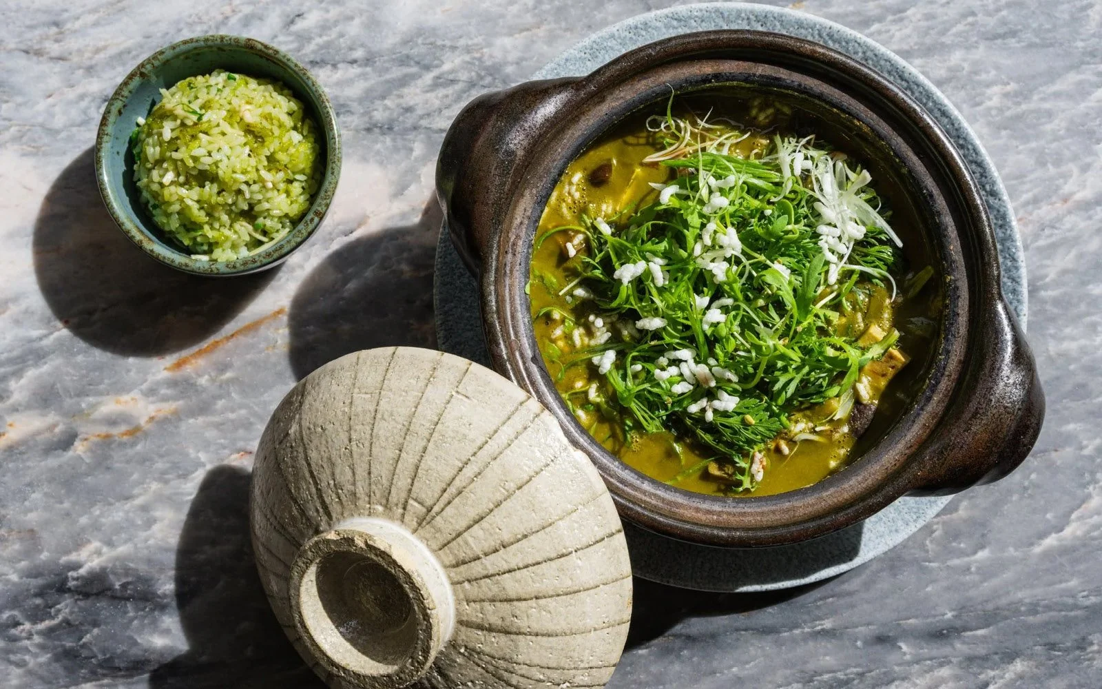 Mushroom-Royal Corona Bean Donabe, Chrysanthemum-Miso-Smoked Soy Sauce Dashi, Tofu, Chrysanthemum, Scallions; (2) Green Garlic Fried Rice 