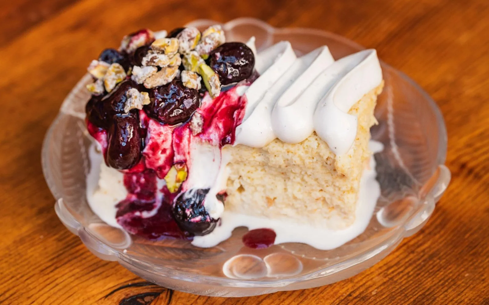  Tres Leches Cake, Brown Butter Cream, Cherries, Candied Pistachios 