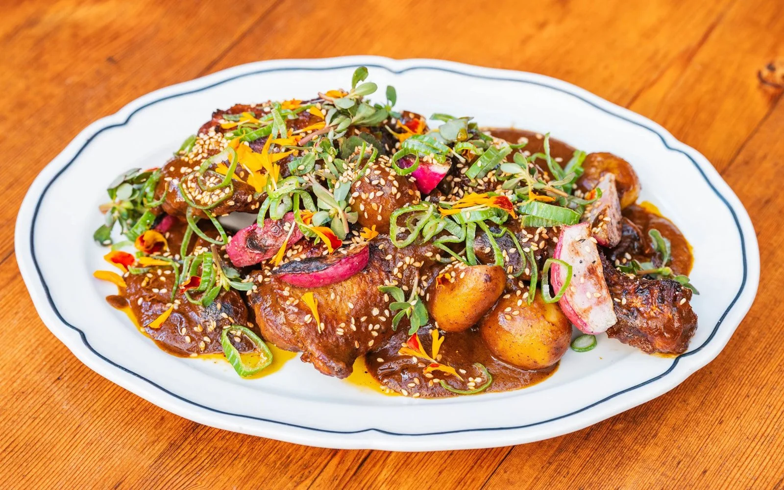  Pollo En Chicha, Grilled Potatoes, Grilled Radishes, Dried Dates, Dried Prunes, Scallions, Purslane, Sesame Seeds, Marigolds 