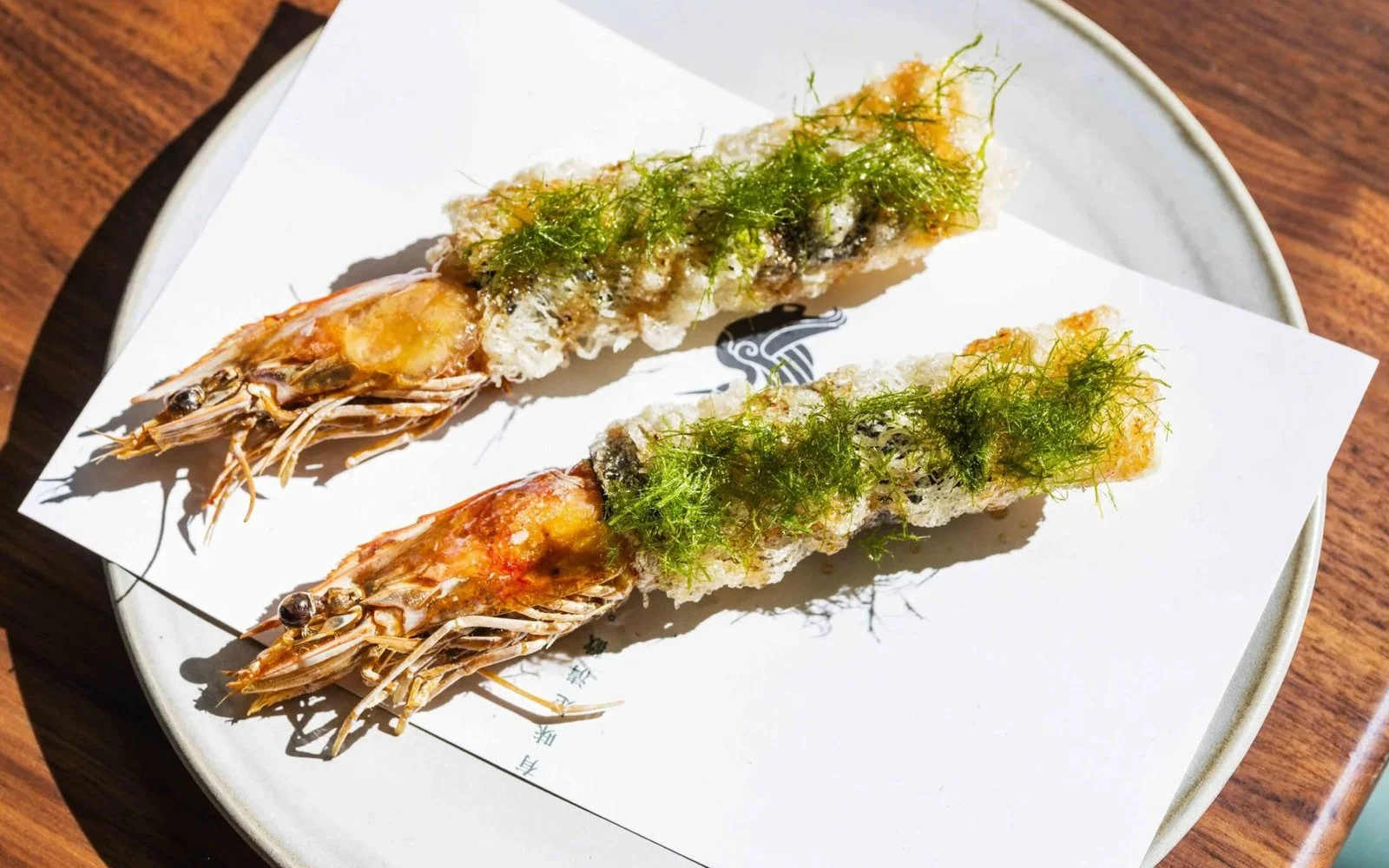 Firecracker Shrimp: Shiso- and Nori-Wrapped Shrimp, Vietnamese Rice Paper, Mala Glaze, Gim 