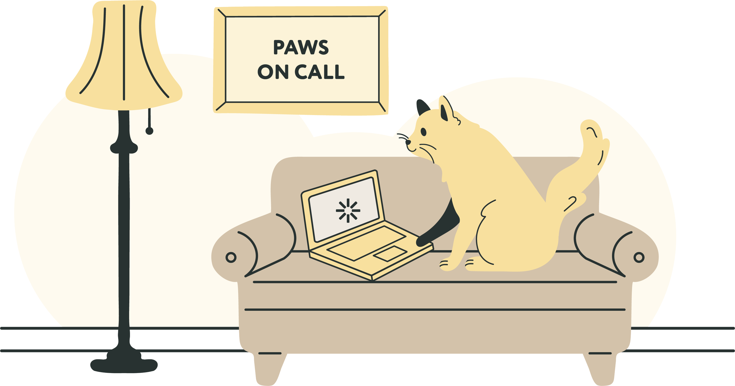 A cartoon cat sitting on a sofa with a laptop on its side, watching a loading screen. The background has a lamp and a sign that reads 'PAWS ON CALL'.