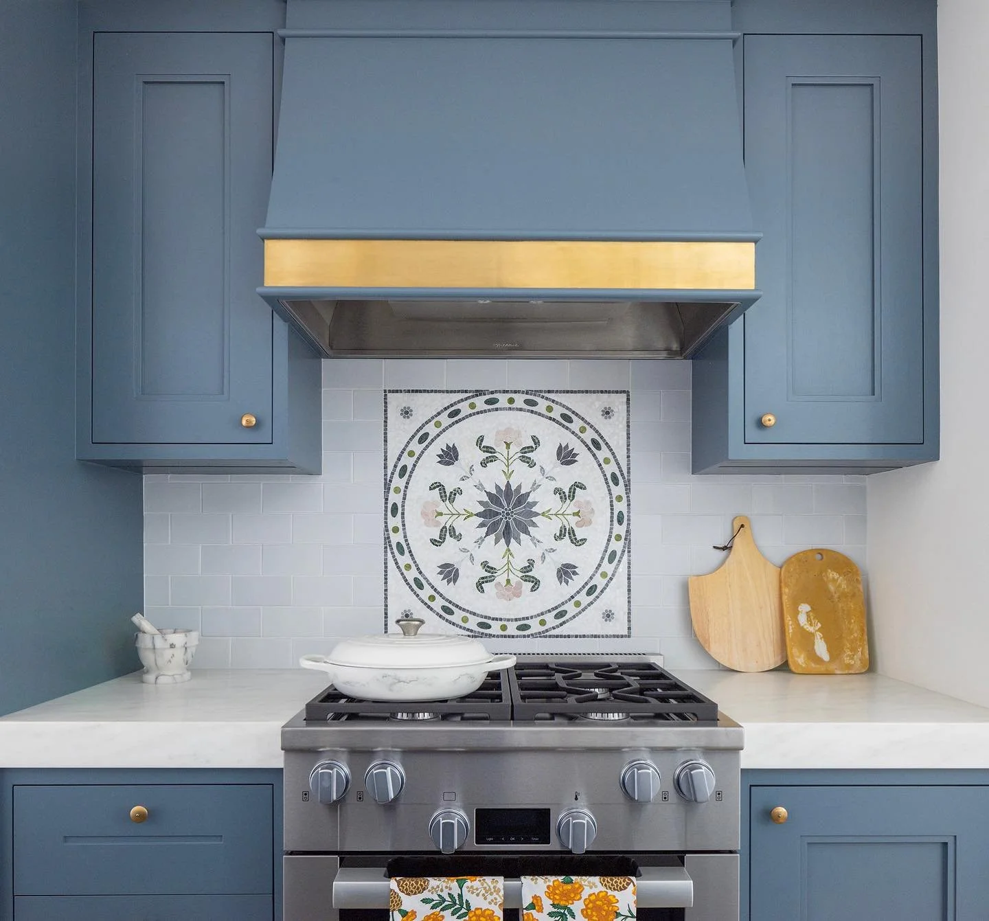 A moment of magic in the making ✨
For this custom stove backsplash, we collaborated with @davincimarble to craft an intricate mosaic medallion inspired by our client&rsquo;s love of forested fairy tales. Shades of green, blue, and pink stone come ali