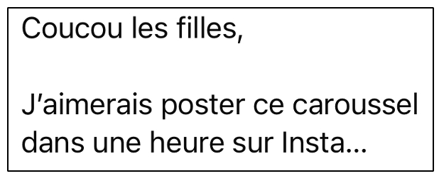 French text message discussing posting a carousel on Instagram in an hour.