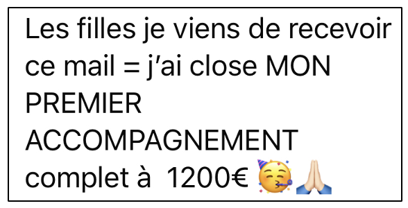 French text celebrating a first achievement with emojis