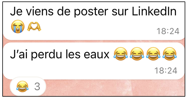 French text message screenshot with emojis, mentioning LinkedIn and humorously saying "I lost the waters" with laughing emojis.