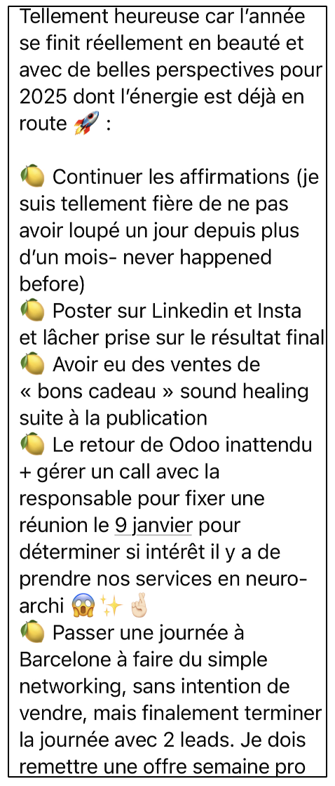 French text discussing positive end-of-year sentiments and goals for 2025, with focus on affirmations, social media activities, sales, Odoo feedback, and networking in Barcelona.