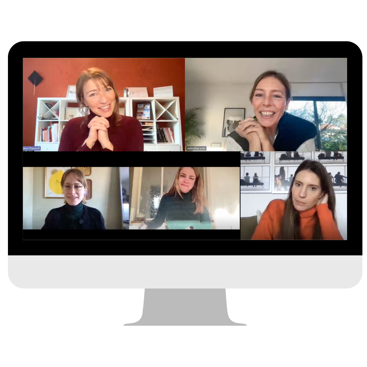 Five women in a virtual meeting on a video conference call displayed on a computer screen.
