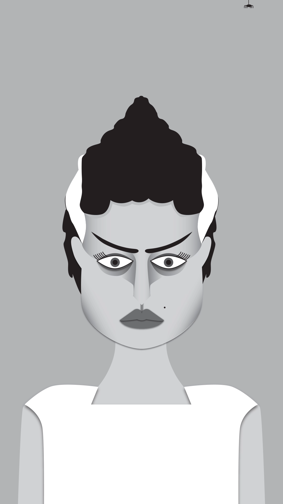 Die animierte Illustration in Graustufen zeigt die Braut von Frankensteins Monster. Eine Spinne seilt sich auf ihre linke Schulter herab.