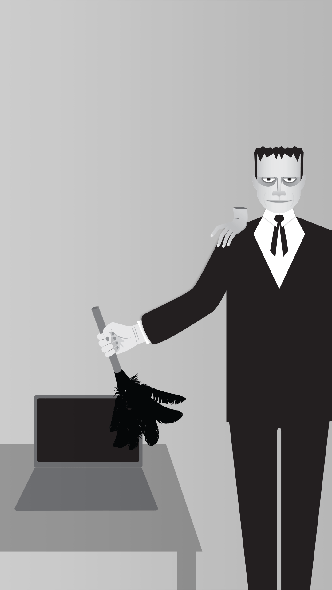 Die animierte Illustration in Graustufen zeigt Lurch und das eiskalte Händchen. Lurch hat einen Staubwedel mit Federn in der Hand und entstaubt einen ausgeschalteten Laptop.