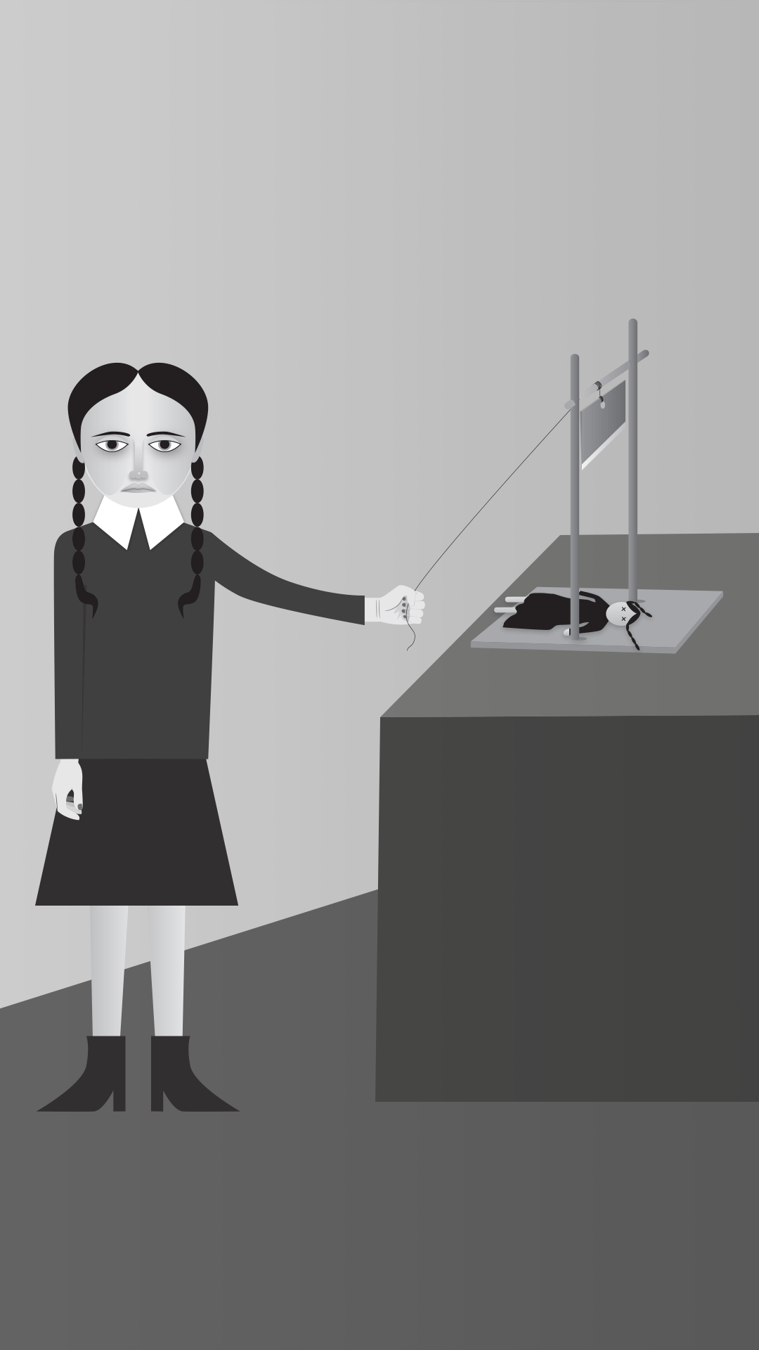 Die animierte Illustration in Graustufen zeigt Wednesday, die ihre Puppe mit einer Guillotine enthauptet.