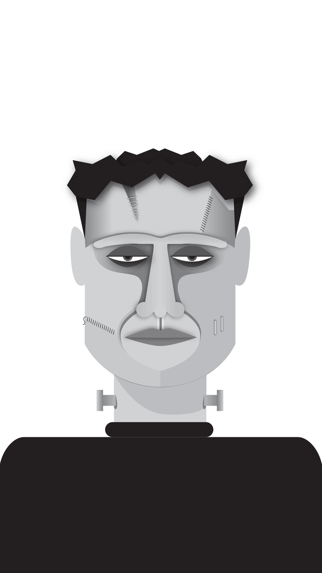 Die animierte Illustration in Graustufen zeigt Frankensteins Monster. Ein Faden an der Wange wird gelöst und der Unterkiefer fällt herunter.