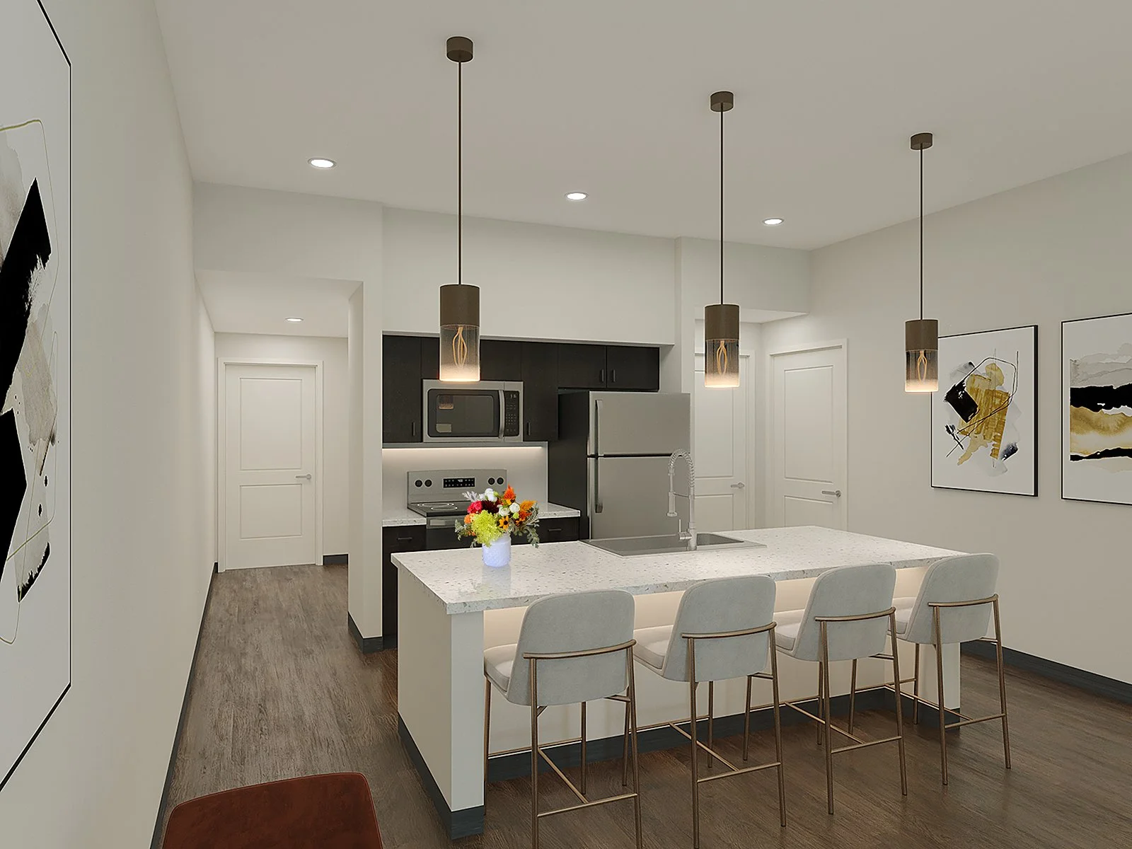 Modern kitchen with white island counter, beige chairs, black cabinets, stainless steel appliances, pendant lights, and abstract artwork on the walls.