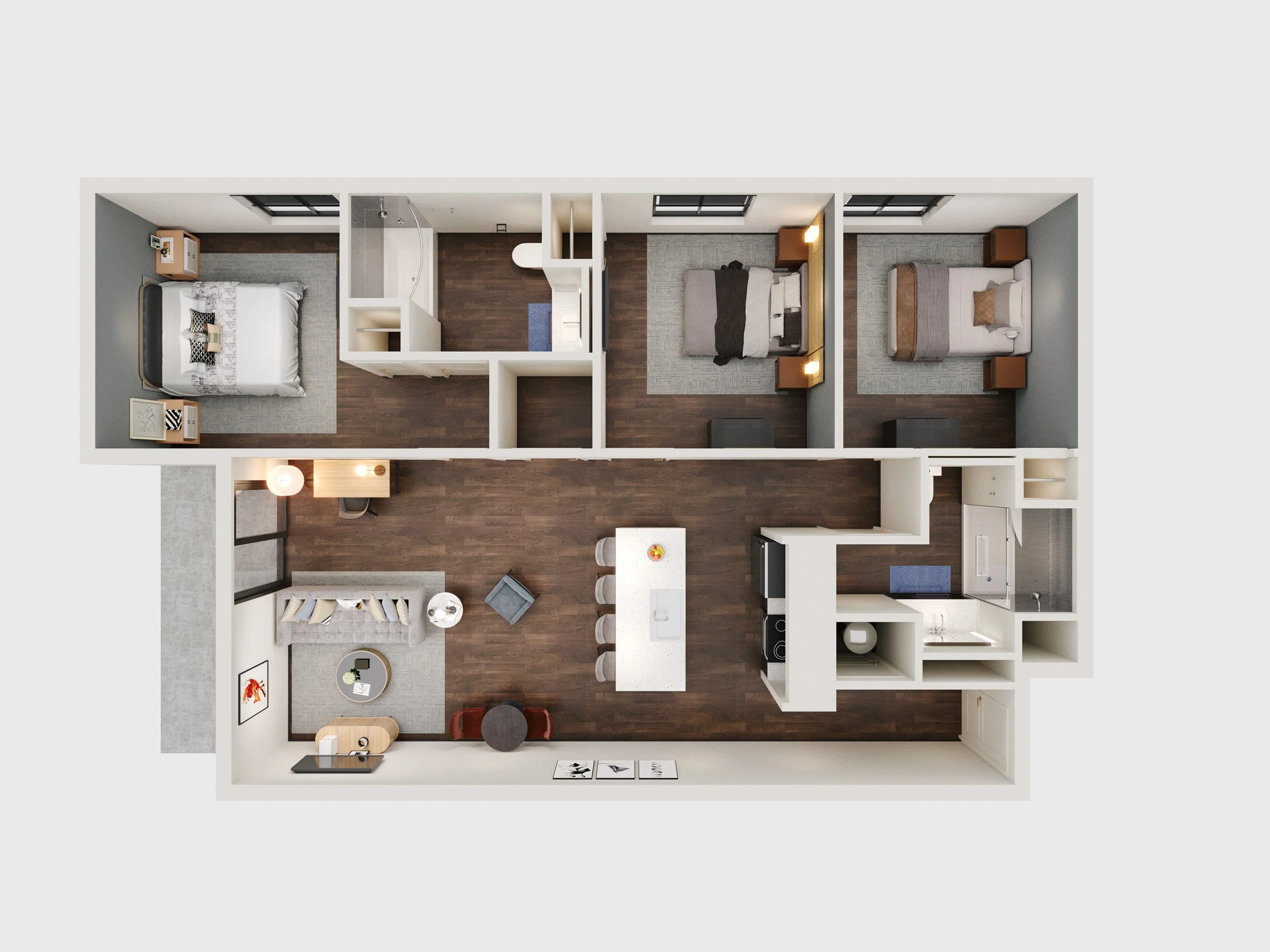 Top-down view of a modern apartment layout including three bedrooms, a bathroom, a kitchen with an island, a dining area with seating, and a living room with a sofa, with wood flooring and various furniture pieces.
